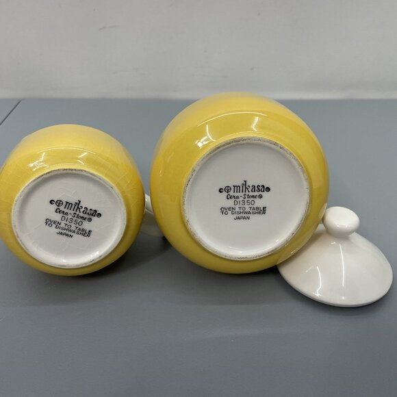 Vintage Mikasa Creamer Sugar Set Japan Cera-Stone Yellow White MCM D1350 - Picture 8 of 8